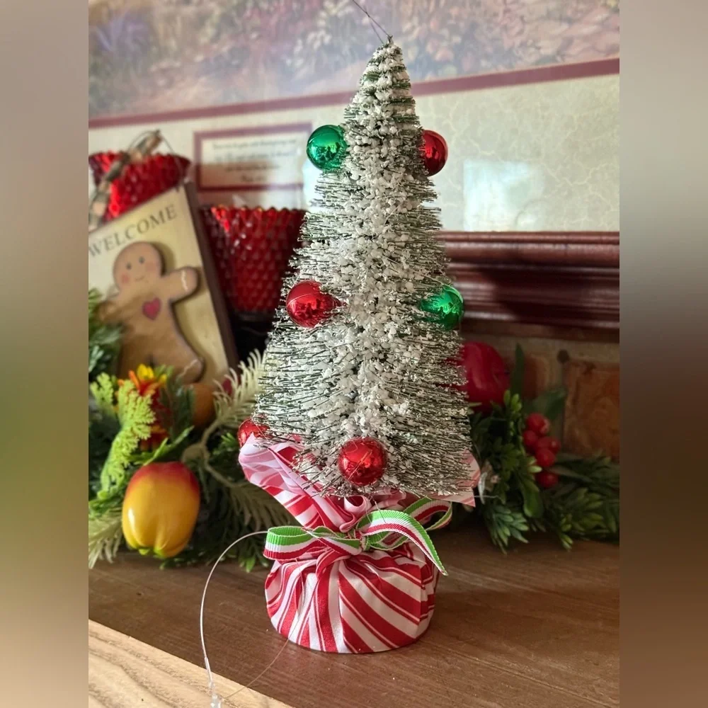 Mini Flocked Christmas Tree with Red & Green Ornaments - Holiday Home Decor